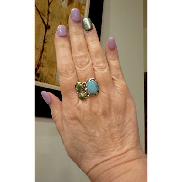 Golden Hills & Sonoran Gold Turquoise Sterling Silver Ring Size 6-10 Adjustable - Picture 5 of 6